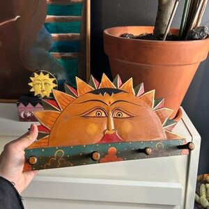 Vintage Celestial 14" X 7.5" Sunburst Wall Decor Hooks - Handpainted Handcarved